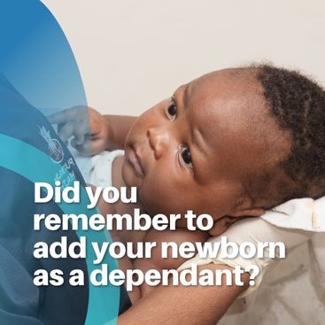 Close-up of a mother holding her newborn baby with text about adding a dependant