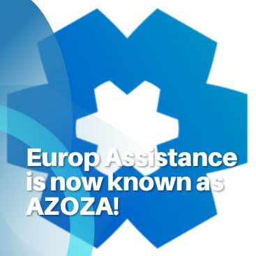 AZOZA logo graphic with text stating that Europ Assistance is now known as AZOZA.