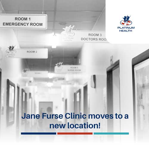 Hospital corridor with room signs and Platinum Health logo, announcing that Jane Furse Clinic has moved to a new location.