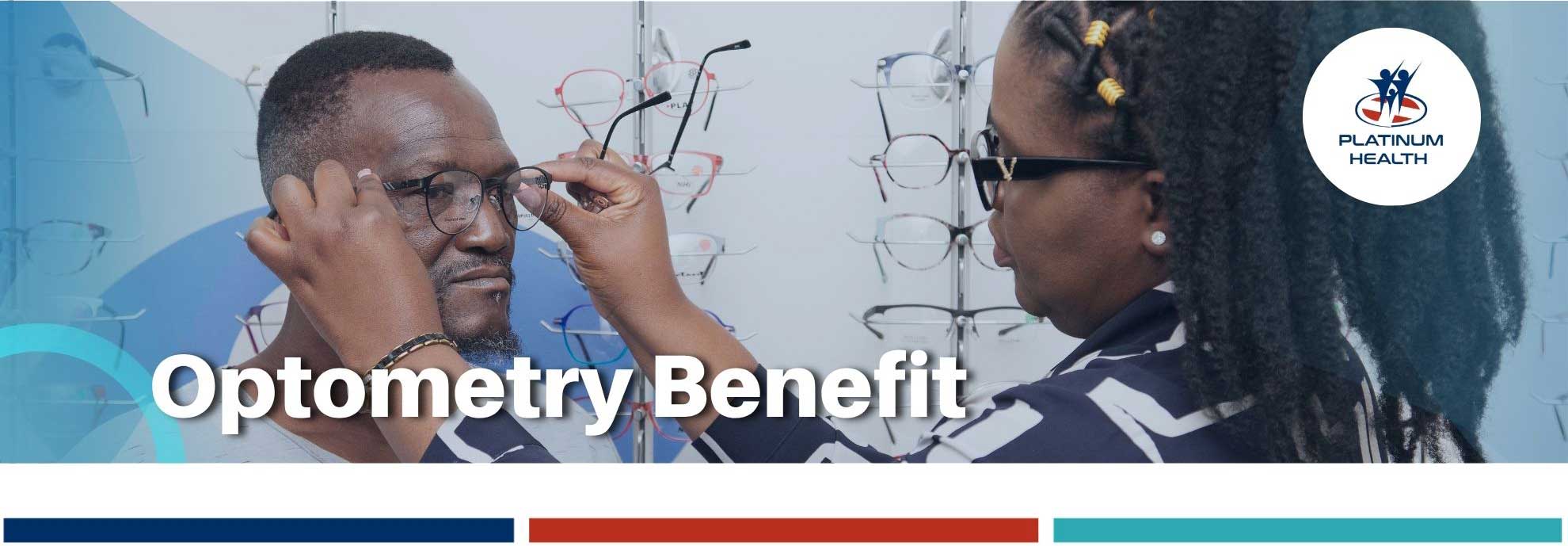 Platinum Health optometry benefit with patient having eyeglasses fitted