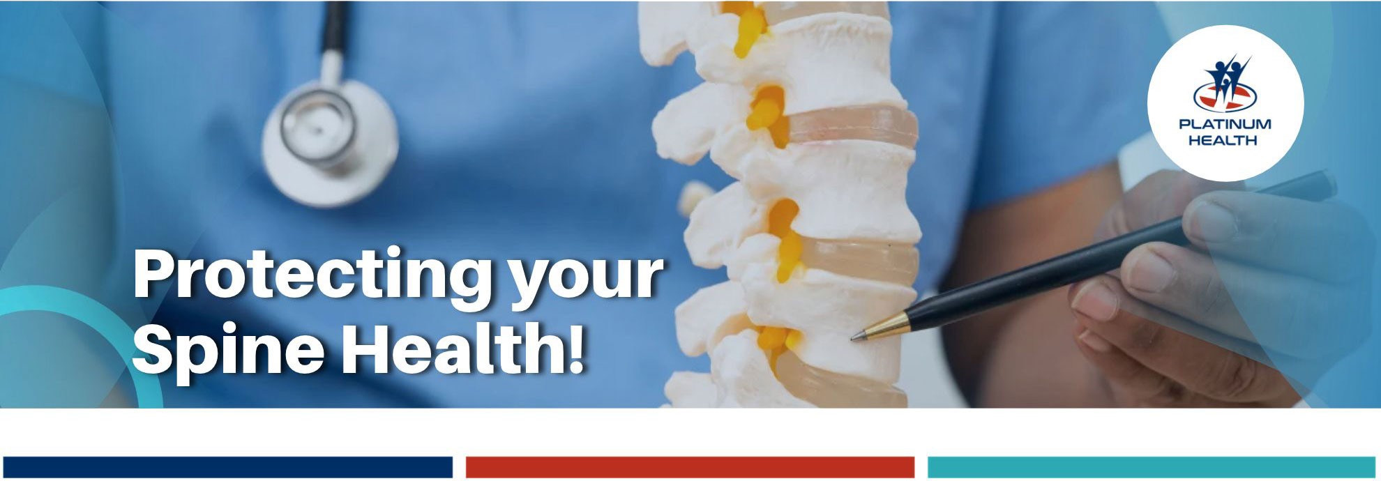 Protecting Your Spine Health – Platinum Health World Spine Day awareness banner featuring a medical spine model and healthcare professional.