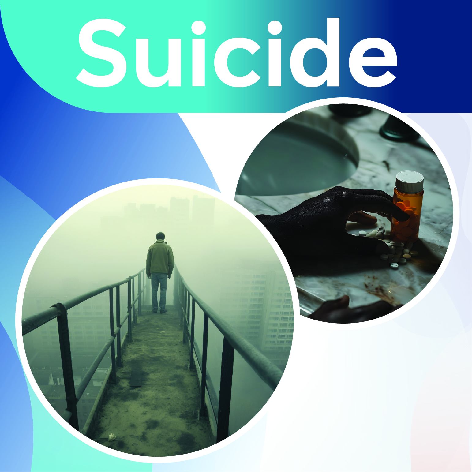 Awareness poster on suicide prevention showing a person standing on a bridge and a hand holding pills