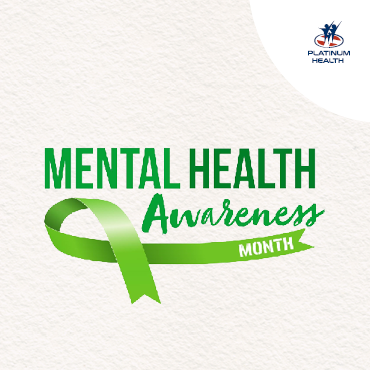 Platinum Health Mental Health Awareness Month graphic with green ribbon