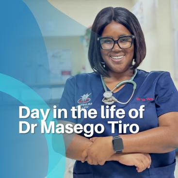 Dr Masego Tiro smiling in medical uniform during a day in the life feature